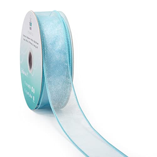 Sheer Organza Wired Ribbon 1.5" x 50Yards Blue for Wedding Chair Bow Flora Bouquet Gift Wrapping Christmas Tree Home Decor Wreath (150 Foot)