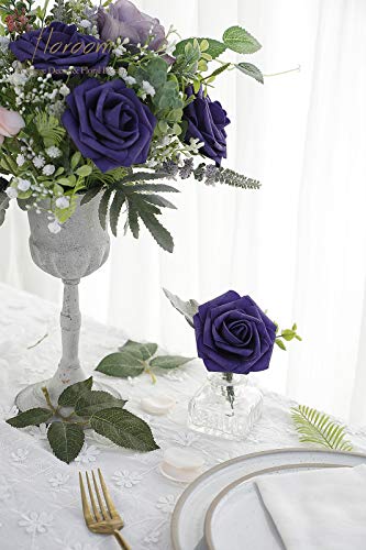 Artificial Flowers 25pcs Real Looking Violet Purple Foam Fake Roses with Stems for DIY Wedding Bouquets Bridal Shower Centerpieces Floral Arrangements Party Tables Home Decorations (25 Count)