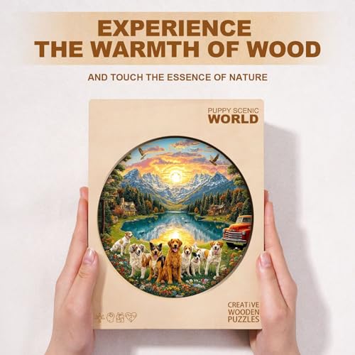 Dogs Puzzles Mountain Landscape Sunset Forest Flowers Round Puzzle Adults Gifts for Women Men Wooden 270 Pieces 13.4 * 13.4in Wall Art Decor