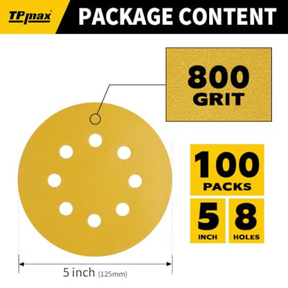 100PCS 5 Inch 800 Grit 125mm 8 Hole Sanding Discs Sandpaper (100 Count)