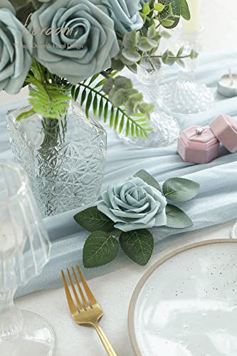 Artificial Flowers 25pcs Real Looking Dusty Blue Foam Fake Roses with Stems for DIY Wedding Bouquets Bridal Shower Centerpieces Floral Arrangements Party Tables Home Decorations (25 Count)