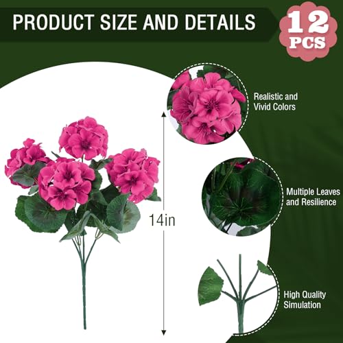 12 Pcs Artificial Geranium Flowers for Outdoors Geranium Silk Flowers Outdoor UV Resistant Garden Plants Faux Flowers for Home Kitchen Table Centerpieces Decor