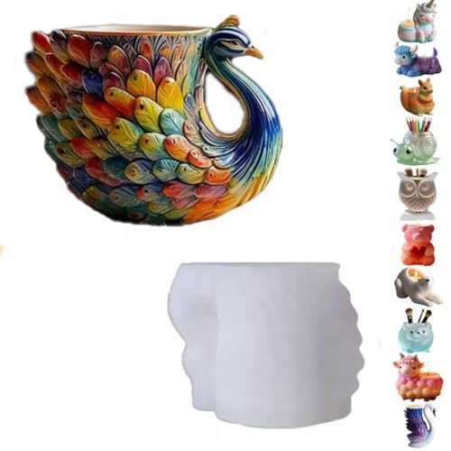 Animal Resin Molds Silicone 3D Cute Peacock Epoxy Resin Jar Plaster Candle Holder Wax Molds for Candle Making