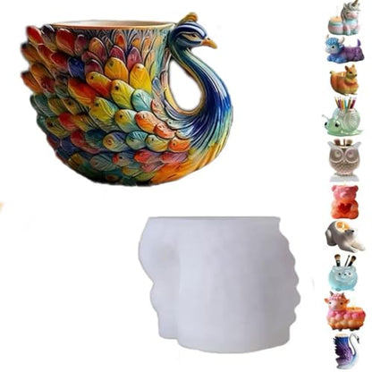 Animal Resin Molds Silicone 3D Cute Peacock Epoxy Resin Jar Plaster Candle Holder Wax Molds for Candle Making