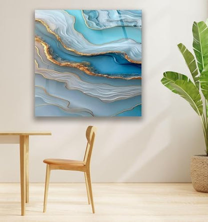 32Wx48H'' Turquoise and Blue Alcohol ink Glass Wall Art Tempered Glass Printing Wall Decor Large Wall Art Wall Hangings