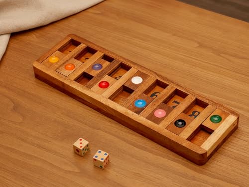 Classic Shut The Box Game Wooden 12 Numbers with Math Lover Player Wood Box of Brain Teaser Puzzles Single Player Original Wood Dice and Close flip Number Board Games Adults Travel Mini Size