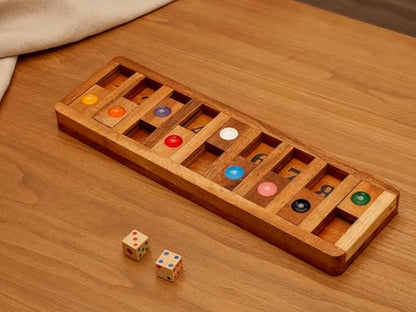 Classic Shut The Box Game Wooden 12 Numbers with Math Lover Player Wood Box of Brain Teaser Puzzles Single Player Original Wood Dice and Close flip Number Board Games Adults Travel Mini Size