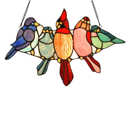 PA0011 Tropical Birds on The Wire Stained Glass Window Panel Tiffany Style Hangings Suncacher with Chain