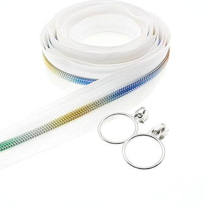 5 Rainbow Teeh Metallic Nylon Coil Zippers by The Yard Bulk 10 Yards White Zipper Tape with 25pcs Silver Ring Pull Sliders for DIY Sewing Tailor Craft Bag