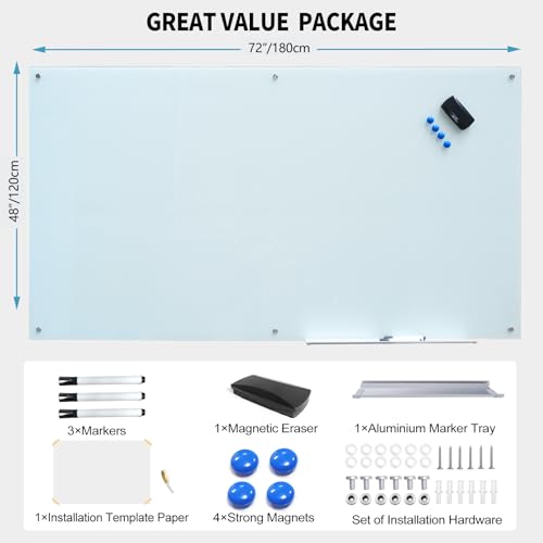 Glass Whiteboard 48"X72" Dry Erase Board Magnetic Frameless Wall Mounted White Board WritingBoard for Office School Home Accessory Tray