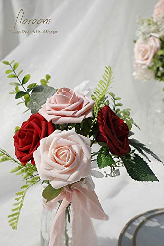 Artificial Flowers 25pcs Real Looking Dark Red Ombre Colors Foam Fake Roses with Stems for DIY Wedding Bouquets Bridal Shower Centerpieces Floral Arrangements Party Tables Home Decorations (25 Count)