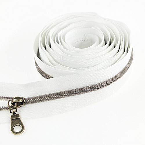5 Antique Brass Metallic Nylon Coil Zippers by The Yard Bulk 10 Yards White Tape with 25pcs Antique Brass Sliders for DIY Sewing Tailor Craft Bag
