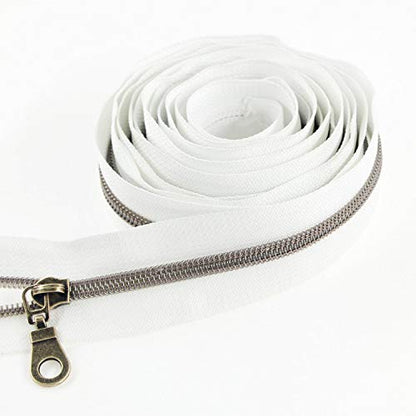 5 Antique Brass Metallic Nylon Coil Zippers by The Yard Bulk 10 Yards White Tape with 25pcs Antique Brass Sliders for DIY Sewing Tailor Craft Bag