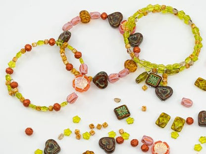 1.4oz (40g) Limited Mix of Czech Glass Beads, Hand Made Set Kit, Green Star Beads Pink Table Cut Hawaii Flower Beads