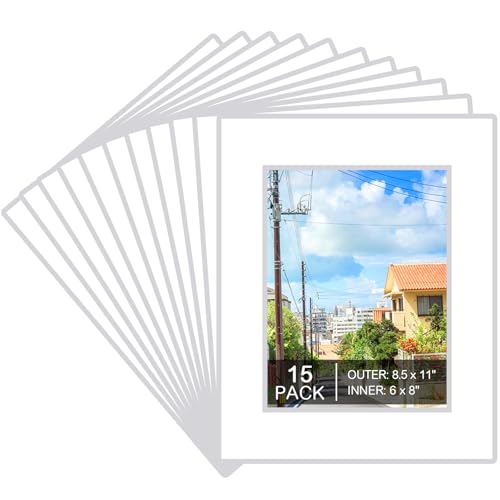 15 Pack White Picture Mats 8.5x11 for 6x8 Photos