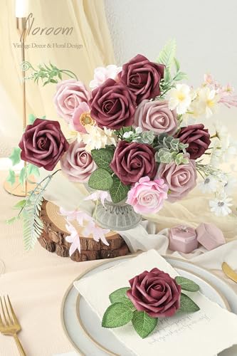 Artificial Flowers 25pcs Real Looking Cinnamon Rose & Shabby Pink Foam Fake Roses with Stems for DIY Wedding Bouquets Bridal Shower Centerpieces Floral Arrangements Party Tables Decorations (25 Count)