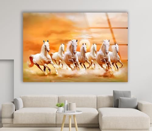 12Wx10H'' White Horses Running on Sunset Glass Wall ArtTempered Glass Printing Wall Decor Large Wall Art Wall Hangings