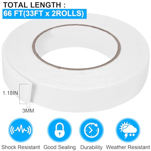 Double Sided Foam Tape 1.18In x 33FT 2 Pack (66 Foot)