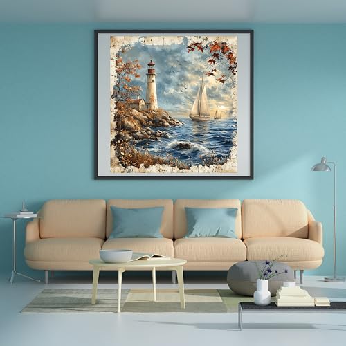 14ct Counted Cross Stitch Kits for Adults Seaside Tower Boat Printed Stamped Cross Stitch Patterns Kits Cross Stitch Supplies