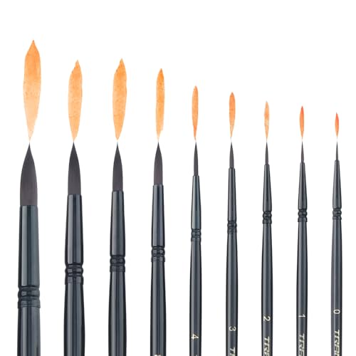 Round Paint Brush Set 9pcs Synthetic Sable Hair for Acrylic Painting Watercolor Painting Gouache Ink Craft and Detail Painting Black Color (9 Count)