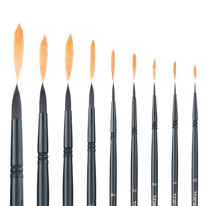 Round Paint Brush Set 9pcs Synthetic Sable Hair for Acrylic Painting Watercolor Painting Gouache Ink Craft and Detail Painting Black Color (9 Count)