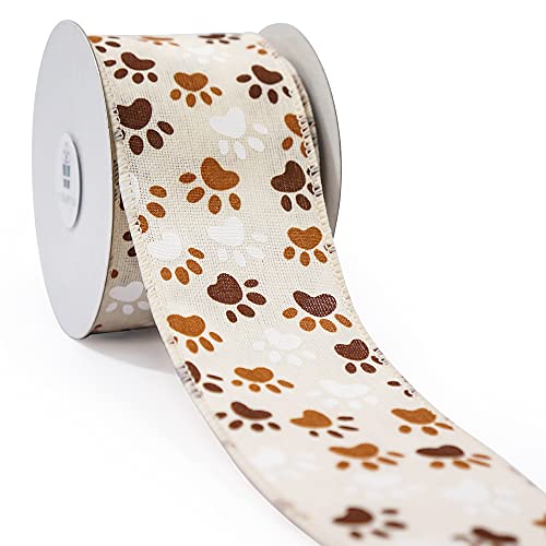 Ivory Canvas Dog Paw Wired Ribbon 2.5 Inch x 10 Yards for Christmas Home Decor Tree Topper Bow Gift Wrapping DIY Crafts Wreath Garland (30 Foot)