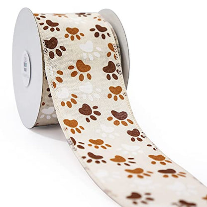 Ivory Canvas Dog Paw Wired Ribbon 2.5 Inch x 10 Yards for Christmas Home Decor Tree Topper Bow Gift Wrapping DIY Crafts Wreath Garland (30 Foot)