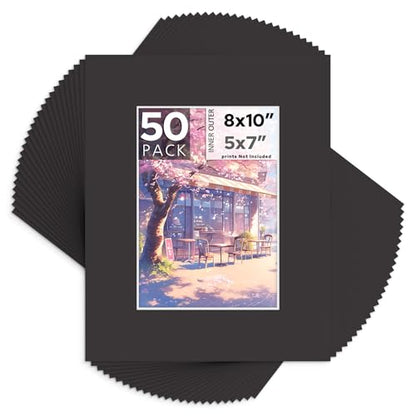 Mat Board Center 50 Pack 8x10 Picture Mat for 5x7 Photo Black
