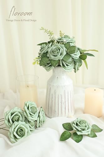 Artificial Flowers 50pcs Real Looking Elf Green Foam Fake Roses with Stems for DIY Wedding Bouquets Bridal Shower Centerpieces Sage Green Floral Arrangements Home Decorations (50 Count)