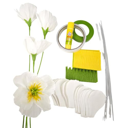 White Crepe Paper Poppy Flower DIY Making Kit for Home Table Centerpieces Decoration Office Wedding 24 pcs (24 Count)