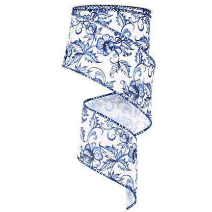 Blue White Floral Wired Edge Ribbon Roll Vintage Watercolor Flower Craft Ribbon Chinoiserie Fabric Ribbons for Wreath Bow Making DIY Craft Wrapping Party Supplies