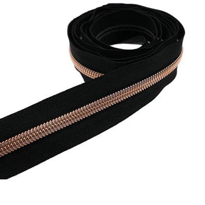 5 Rose Gold Metallic Teeth Nylon Coil Zippers by The Yard Bulk 10 Yards Black Zipper Tape with 25pcs Rose Gold Ring Pull Sliders for DIY Sewing Tailor Craft Bag (25 Count)