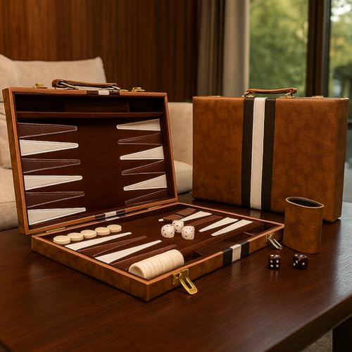 15 Inch Portable Backgammon Set with Folding Board and Leather Travel Case