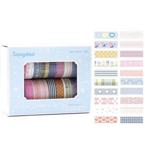 20 Rolls Basic Washi Tape Set Japanese Arts Adhesive Tapes Simple Patterns Decorative Masking Tape Sets for Craft (20 Count)