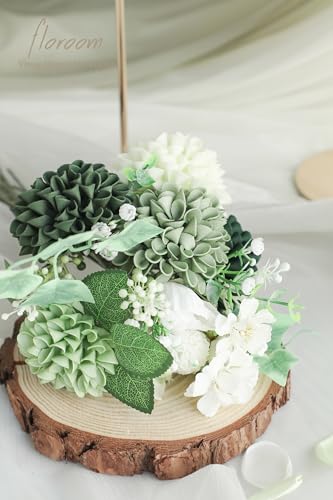 Artificial Dahlia Flowers 25pcs Real Looking Forest Green Shades Foam Fake Roses with Stems for DIY Wedding Bouquets Bridal Shower Centerpieces Sage Green Floral Arrangements Tables Decoration (25 Count)