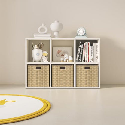 Wood Cube Storage Organizer Closet Cabinet for Living Room Bedroom Study Shelf Bookcase Wooden Floor Standing Open Bookshelf for Kids Home Office Display Storage Cabinet (6 Count)