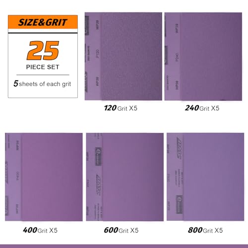 Wet Dry Sanding Sheets 25 PCS 9 x 11 Inch Purple Alumina (25 Count)