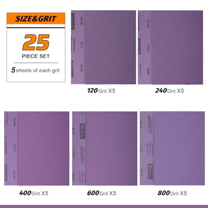 Wet Dry Sanding Sheets 25 PCS 9 x 11 Inch Purple Alumina (25 Count)