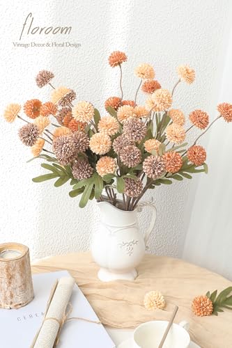 9pcs Burnt Orange Taupe Mix Faux Silk Mums Artificial Flowers (9 Count)