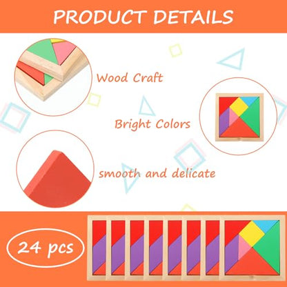 24 Pack Wooden Tangram Puzzles for Students (24 Count)