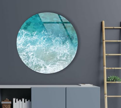 39,4''(100cm) Diameter Sea Waves Round Glass Wall Art Tempered Glass Printing Wall Decor Large Wall Art Wall Hangings