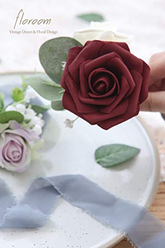Artificial Flowers 50pcs Real Looking Burgundy Foam Fake Roses with Stems for DIY Wedding Bouquets Red Bridal Shower Centerpieces Floral Arrangements Party Tables Home Decorations (50 Count)