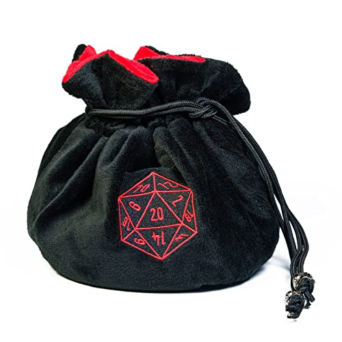 Large Dice Bags with Pockets Black Storage Bag with Drawstrings D20 Logo for DND RPG Game Dices (4.64 Ounce)