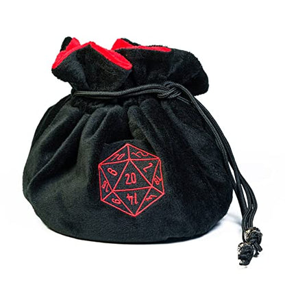 Large Dice Bags with Pockets Black Storage Bag with Drawstrings D20 Logo for DND RPG Game Dices (4.64 Ounce)