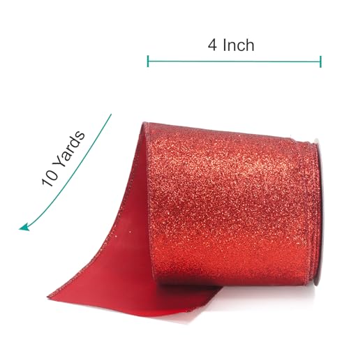 Glitter Wired Ribbon 4" x 10 Yards Red for Christmas Home Decor Bow Gift Wrapping DIY Crafts Wreath (30 Foot)