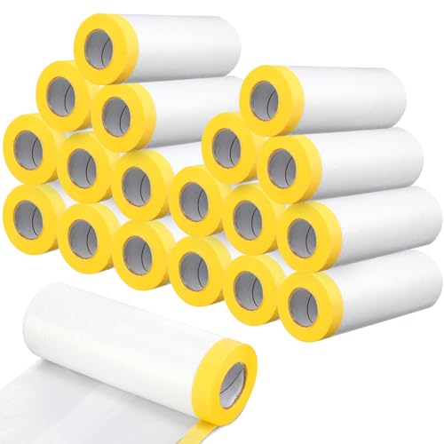 18 Roll Painters Plastic with Tape Pre Taped Masking Film for Painting Automotive Paint Adhesive Protective Film Masking Tape Roll Plastic Painting Covering (18 Count)