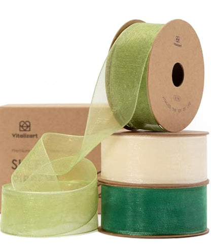 Organza Ribbon 1" x 30 Yd Sheer Gift Wrapping Green & Cream (90 Foot)
