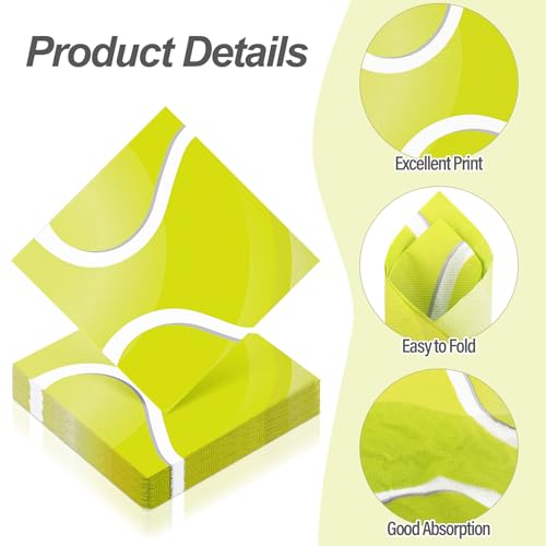 48 Pieces Tennis Paper Napkins Disposable Tennis Party Napkins Tennis Ball Sports Napkins Tennis Cocktail Dinner Napkin Set 13" x 13" Unfolded Tennis Tableware Napkins for Sports Party Supplies (48 Count)