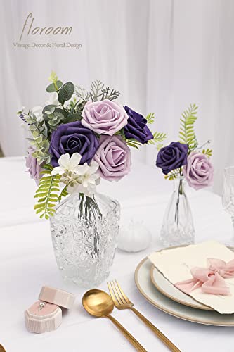 Artificial Flowers 25pcs Real Looking Lilac & Purple Foam Fake Roses with Stems for DIY Wedding Bouquets Bridal Shower Centerpieces Floral Arrangements Party Tables Home Decorations (25 Count)