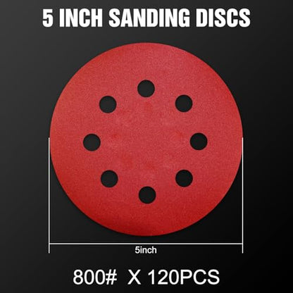 120 Pcs 5 inch Sanding Discs 800 Grit 8 Hole Hook and Loop Round Sandpaper for Random Orbital Sander (120 Count)